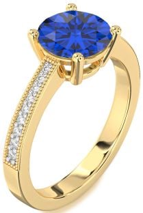 Diamond Blue Sapphire Gold Round Vintage Pave Engagement Ring