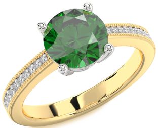 Diamond Emerald White Yellow Gold Round Solitaire Pave Engagement Ring