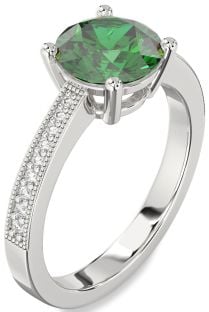 Diamond Emerald White Gold Round Vintage Pave Engagement Ring