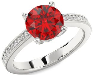 Diamond Ruby White Gold Round Solitaire Pave Engagement Ring