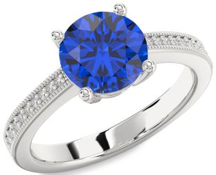 Diamond Blue Sapphire White Gold Round Solitaire Pave Engagement Ring