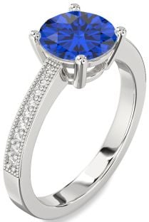 Diamond Blue Sapphire Silver Round Vintage Pave Engagement Ring