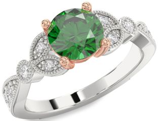 Diamond Emerald Silver & 10K Rose Gold Round Solitaire Engagement Ring