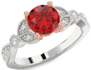 Diamond Ruby Silver & 10K Rose Gold Round Solitaire Engagement Ring
