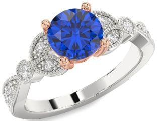Diamond Blue Sapphire Platinum & Rose Gold Round Vintage Engagement Ring
