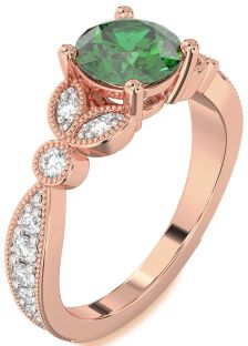 Diamond Emerald Rose Gold Round Vintage Engagement Ring