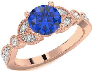 Diamond Blue Sapphire Rose Gold Round Vintage Engagement Ring