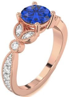 Diamond Blue Sapphire Rose Gold Round Vintage Engagement Ring