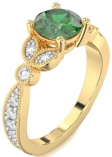 Diamond Emerald Gold Round Vintage Engagement Ring