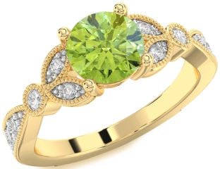 Diamond Peridot Gold Silver Round Vintage Engagement Ring