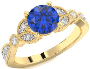 Diamond Blue Sapphire Gold Round Solitaire Engagement Ring