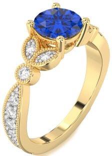 Diamond Blue Sapphire Gold Round Vintage Engagement Ring