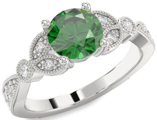 Diamond Emerald Platinum Round Solitaire Engagement Ring