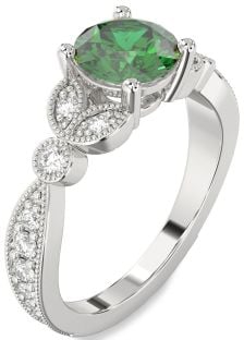 Diamond Emerald White Gold Round Vintage Engagement Ring