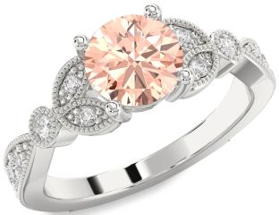 Diamond Morganite Silver Round Vintage Engagement Ring