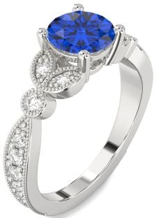 Diamond Blue Sapphire Silver Round Vintage Engagement Ring