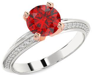 Diamond Ruby Silver & 10K Rose Gold Round Solitaire Pave Engagement Ring