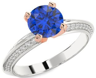 Diamond Blue Sapphire Platinum & Rose Gold Round Solitaire Pave Engagement Ring