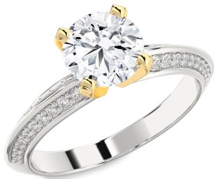 Diamond Silver & 10K gold Round Solitaire Pave Engagement Ring