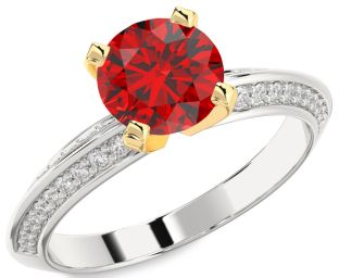 Diamond Ruby Silver & 10K gold Round Solitaire Pave Engagement Ring