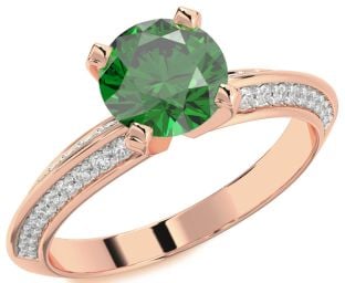 Diamond Emerald Rose Gold Round Solitaire Pave Engagement Ring