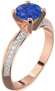 Diamond Blue Sapphire Rose Gold Round Solitaire Pave Engagement Ring