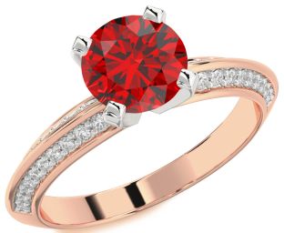 Diamond Ruby White Rose Gold Round Solitaire Pave Engagement Ring