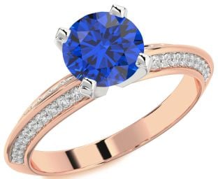 Diamond Blue Sapphire Platinum & Rose Gold Round Solitaire Pave Engagement Ring
