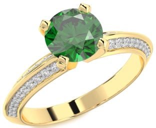 Diamond Emerald Gold Round Solitaire Pave Engagement Ring