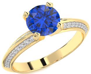 Diamond Blue Sapphire Gold Round Solitaire Pave Engagement Ring