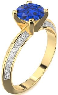 Diamond Blue Sapphire Gold Round Solitaire Pave Engagement Ring
