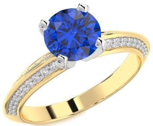 Diamond Blue Sapphire Platinum & Yellow Gold Round Solitaire Pave Engagement Ring