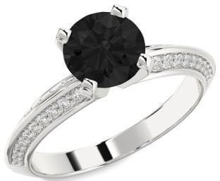 Black Diamond Silver Round Solitaire Pave Engagement Ring