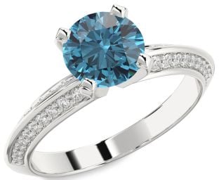 Blue Diamond Silver Round Solitaire Pave Engagement Ring