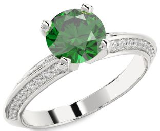 Diamond Emerald White Gold Round Solitaire Pave Engagement Ring