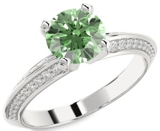 Green Diamond Silver Round Solitaire Pave Engagement Ring