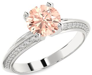 Diamond Morganite Silver Round Solitaire Pave Engagement Ring