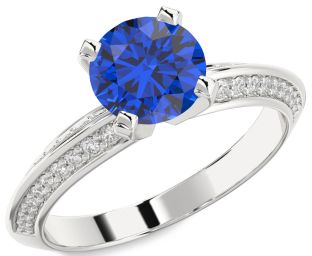 Diamond Blue Sapphire White Gold Round Solitaire Pave Engagement Ring