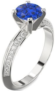 Diamond Blue Sapphire Silver Round Solitaire Pave Engagement Ring