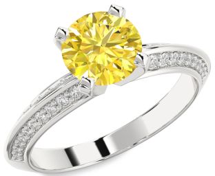 Yellow Diamond Silver Round Solitaire Pave Engagement Ring