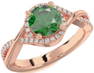 Diamond Emerald Rose Gold Halo Round Solitaire Engagement Ring