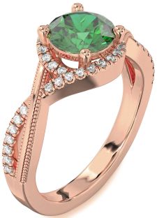 Diamond Emerald Rose Gold Halo Round Vintage Engagement Ring