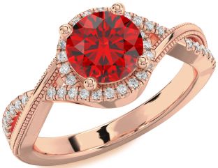 Diamond Ruby Rose Gold Halo Round Solitaire Engagement Ring