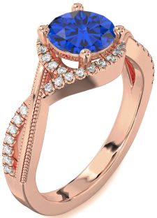 Diamond Blue Sapphire Rose Gold Halo Round Vintage Engagement Ring