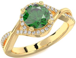 Diamond Emerald Gold Halo Round Solitaire Engagement Ring