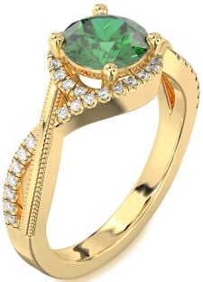 Diamond Emerald Gold Halo Round Vintage Engagement Ring