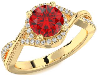 Diamond Ruby Gold Halo Round Solitaire Engagement Ring