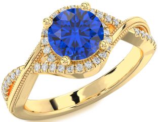 Diamond Blue Sapphire Gold Halo Round Solitaire Engagement Ring