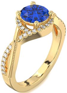Diamond Blue Sapphire Gold Halo Round Vintage Engagement Ring