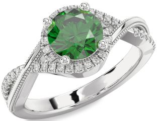 Diamond Emerald Platinum Halo Round Solitaire Engagement Ring